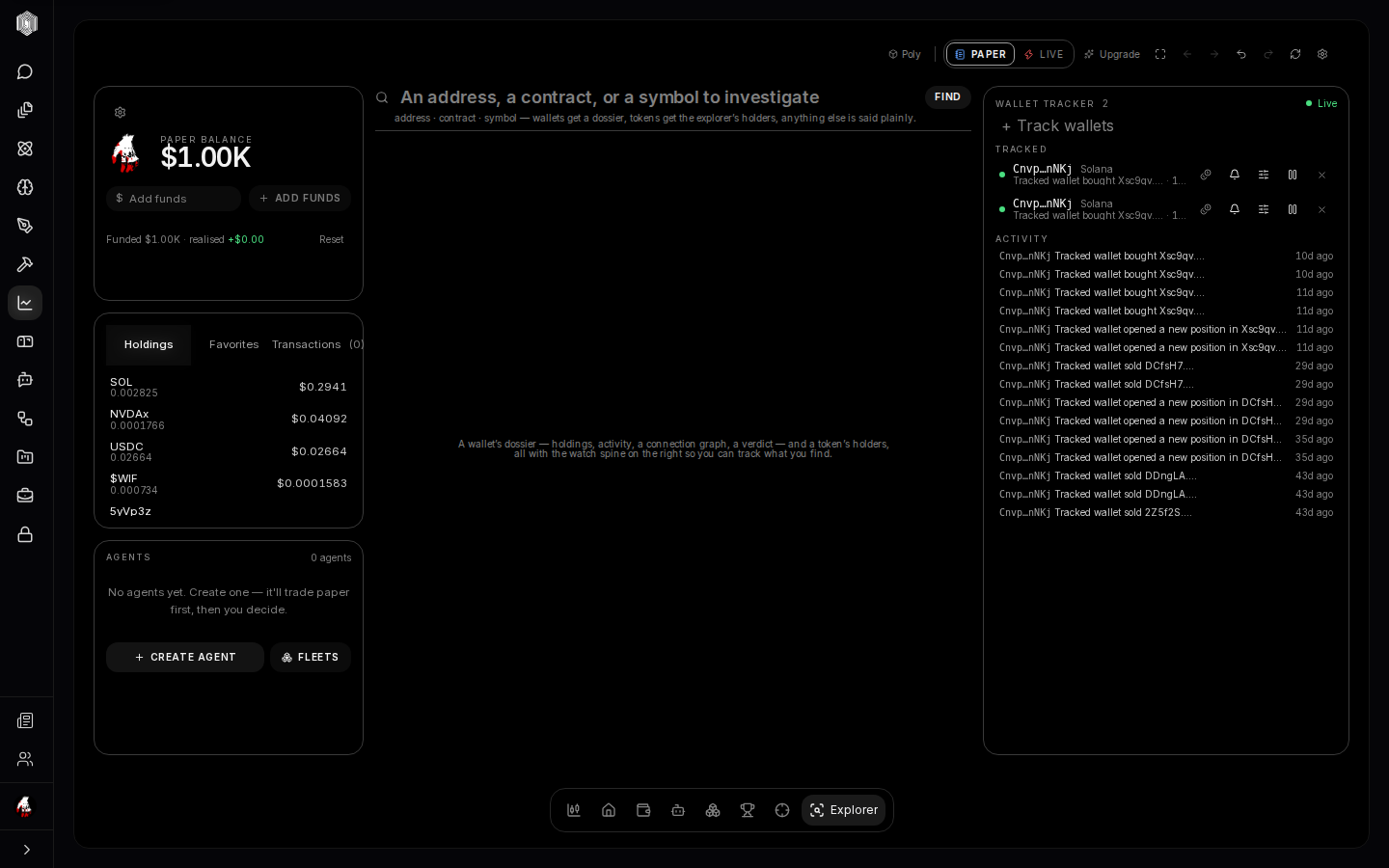 The explorer: search anything, read the dossier, track the wallets that matter