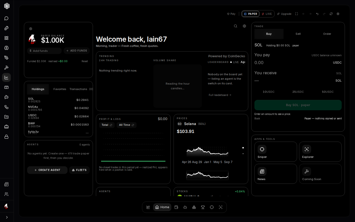 Home: the wallet and holdings on the left, the day's widgets in the middle, the trade ticket on the right