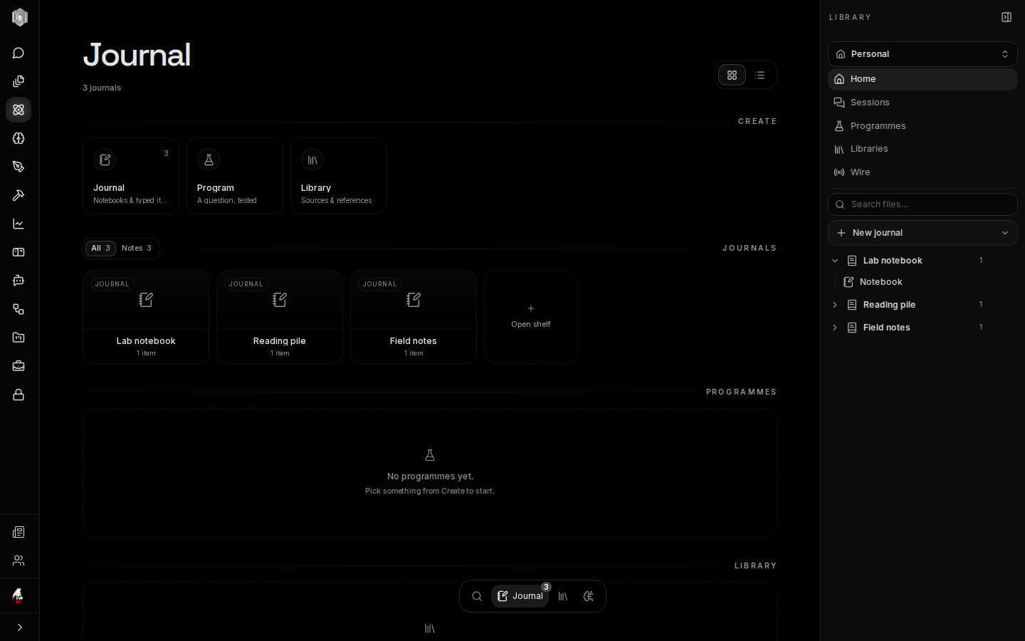 The Journal dashboard with the create tiles and templates