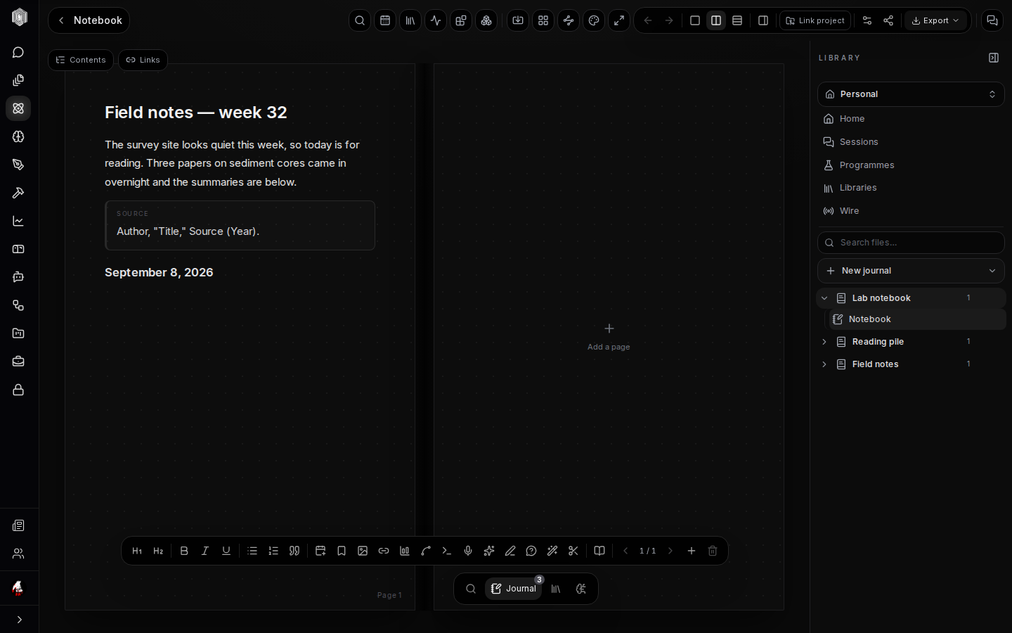 A notebook in double-page view with the writing dock