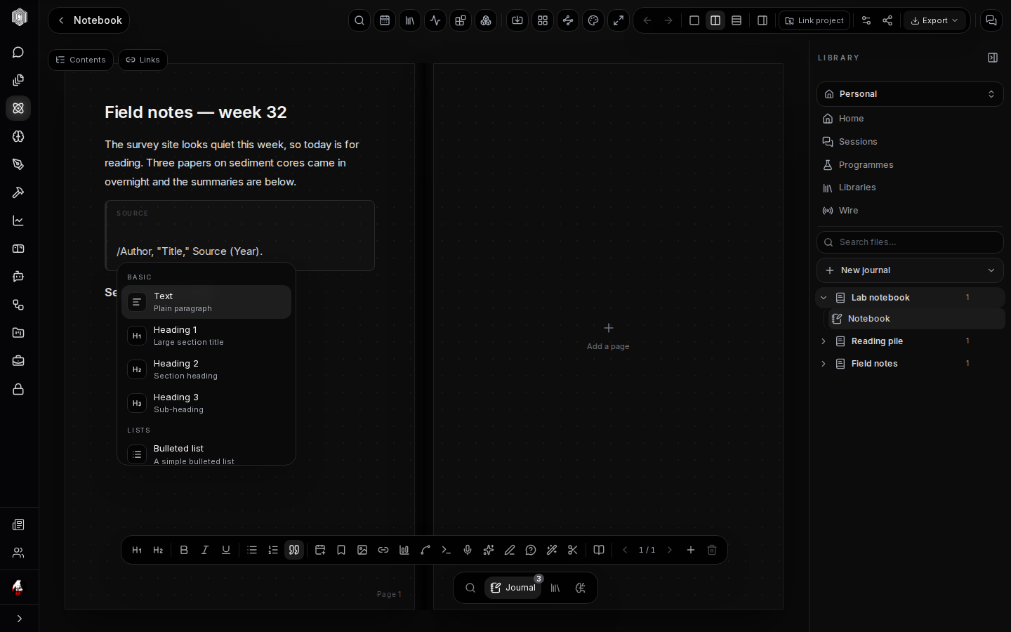 The slash menu open on a page