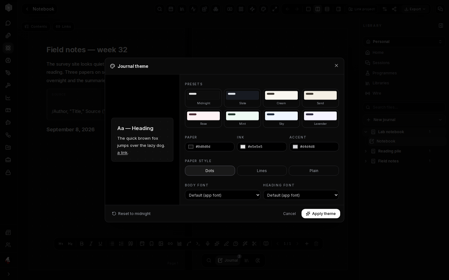 The theme dialog