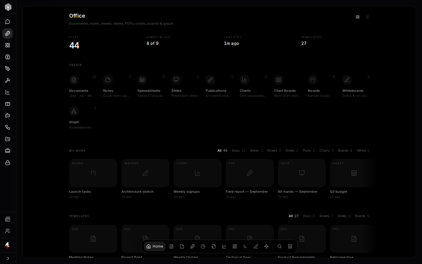 The Office dashboard with create tiles for every format