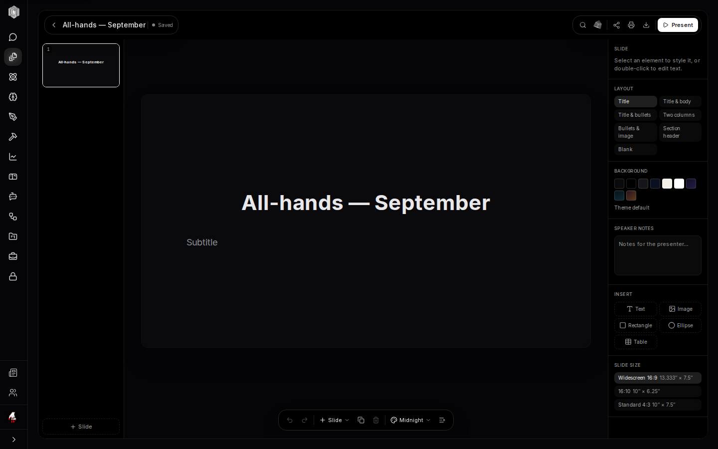 The slide editor with layout and background panels