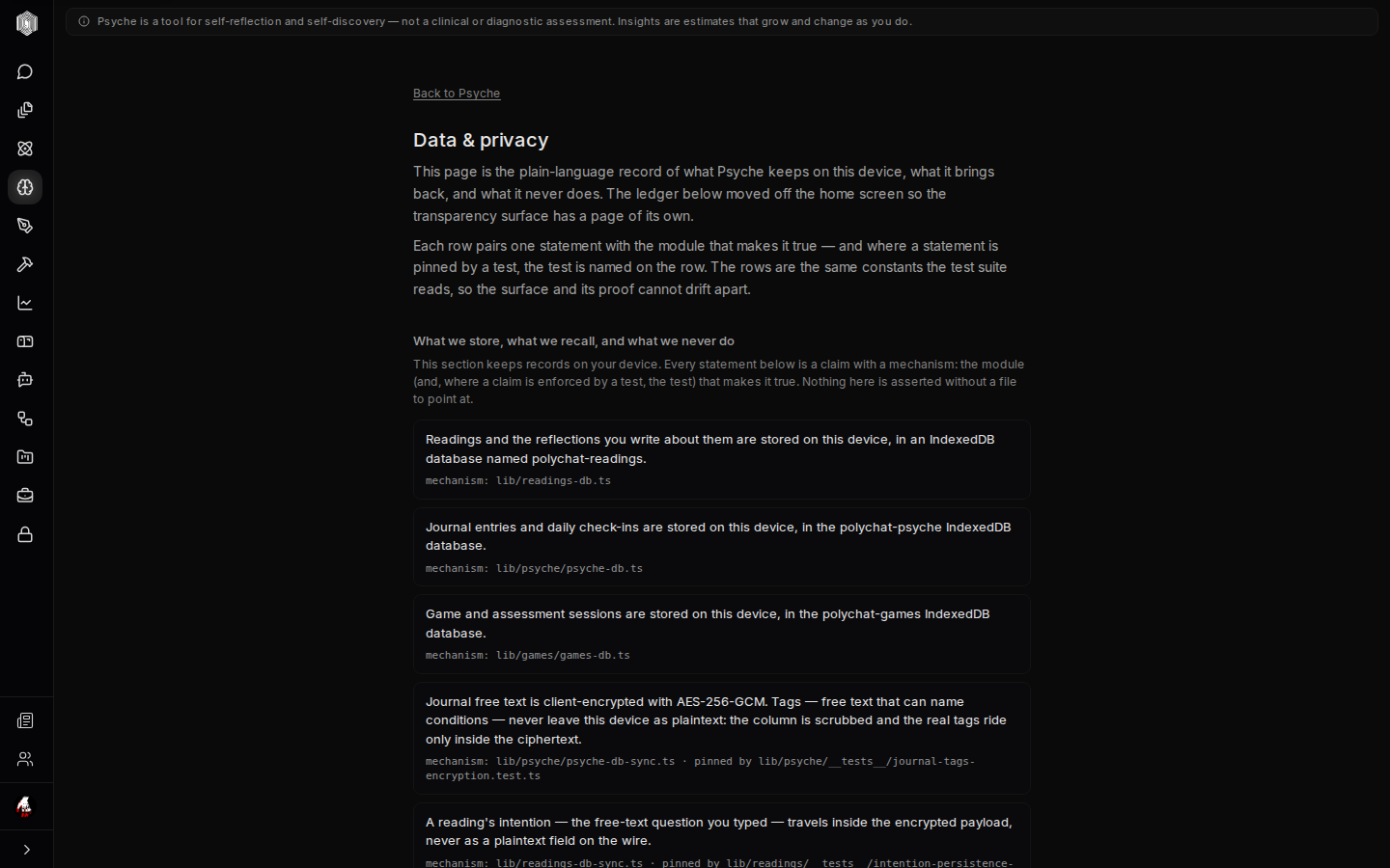 The data and privacy page with its mechanism rows