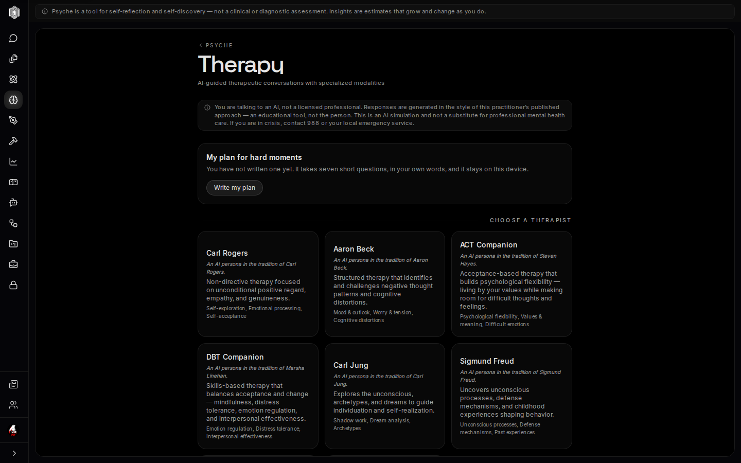 The Therapy tab with its AI personas