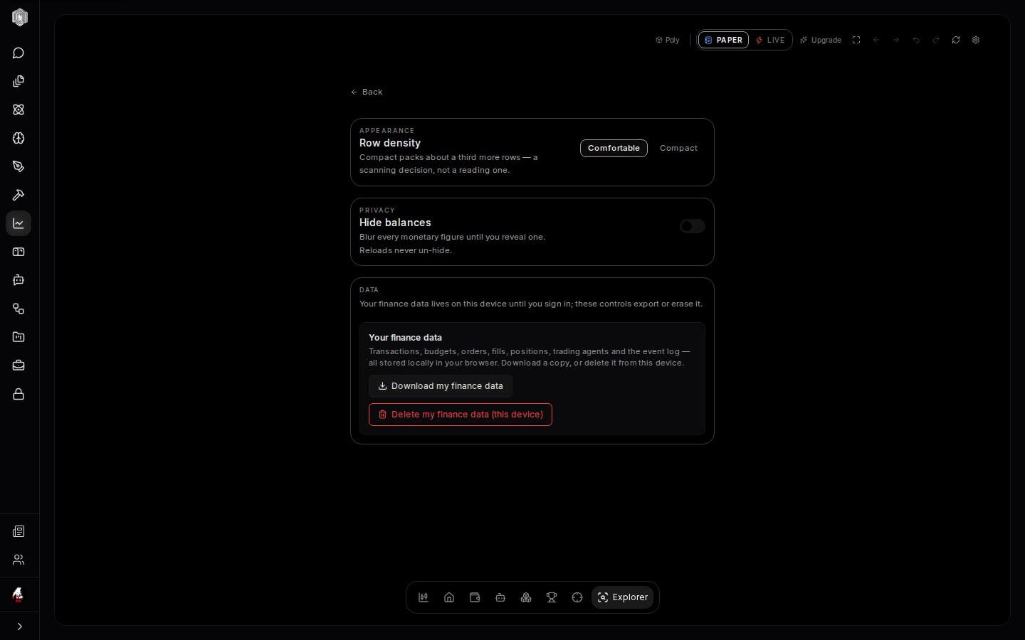 Settings — density, privacy, and data controls