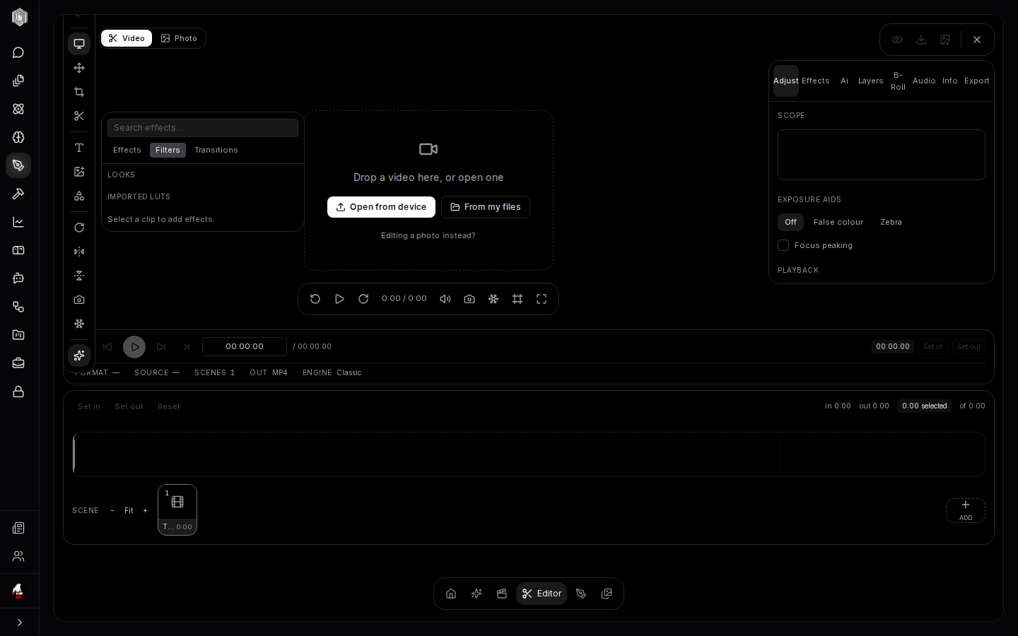 The video editor with effects panel and scopes