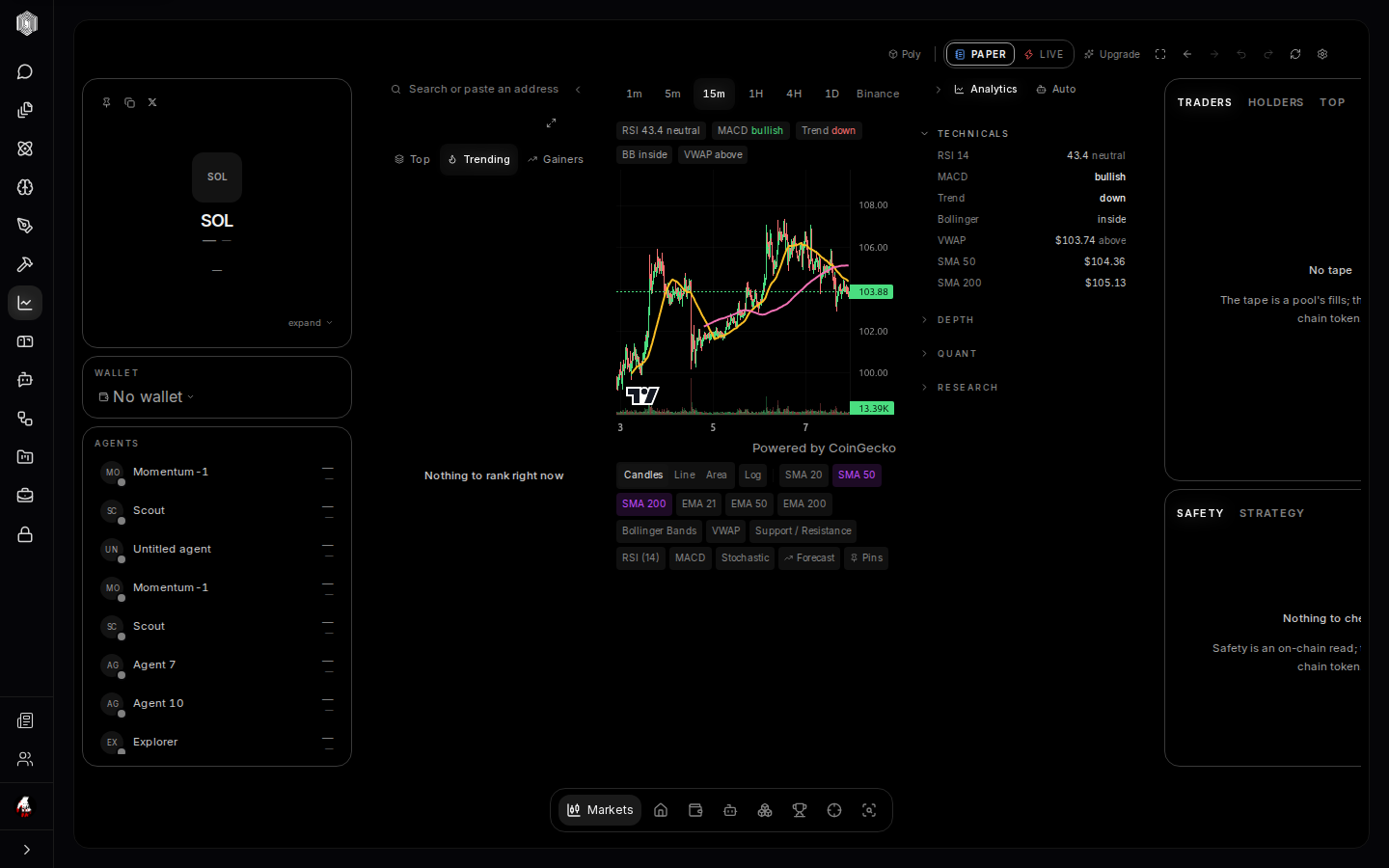 The trading terminal: token card and list on the left, chart in the middle, data on the right